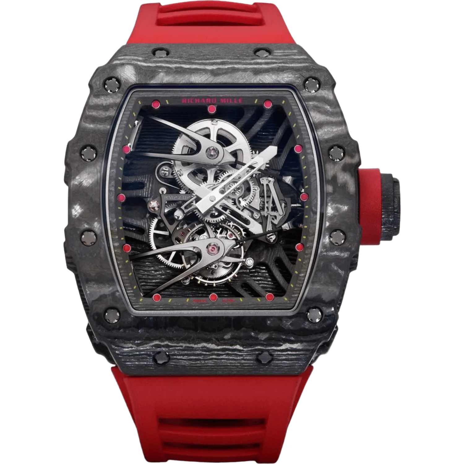 Richard Mille RM 27-02 in carbon on a red strap — reference RM 27-02