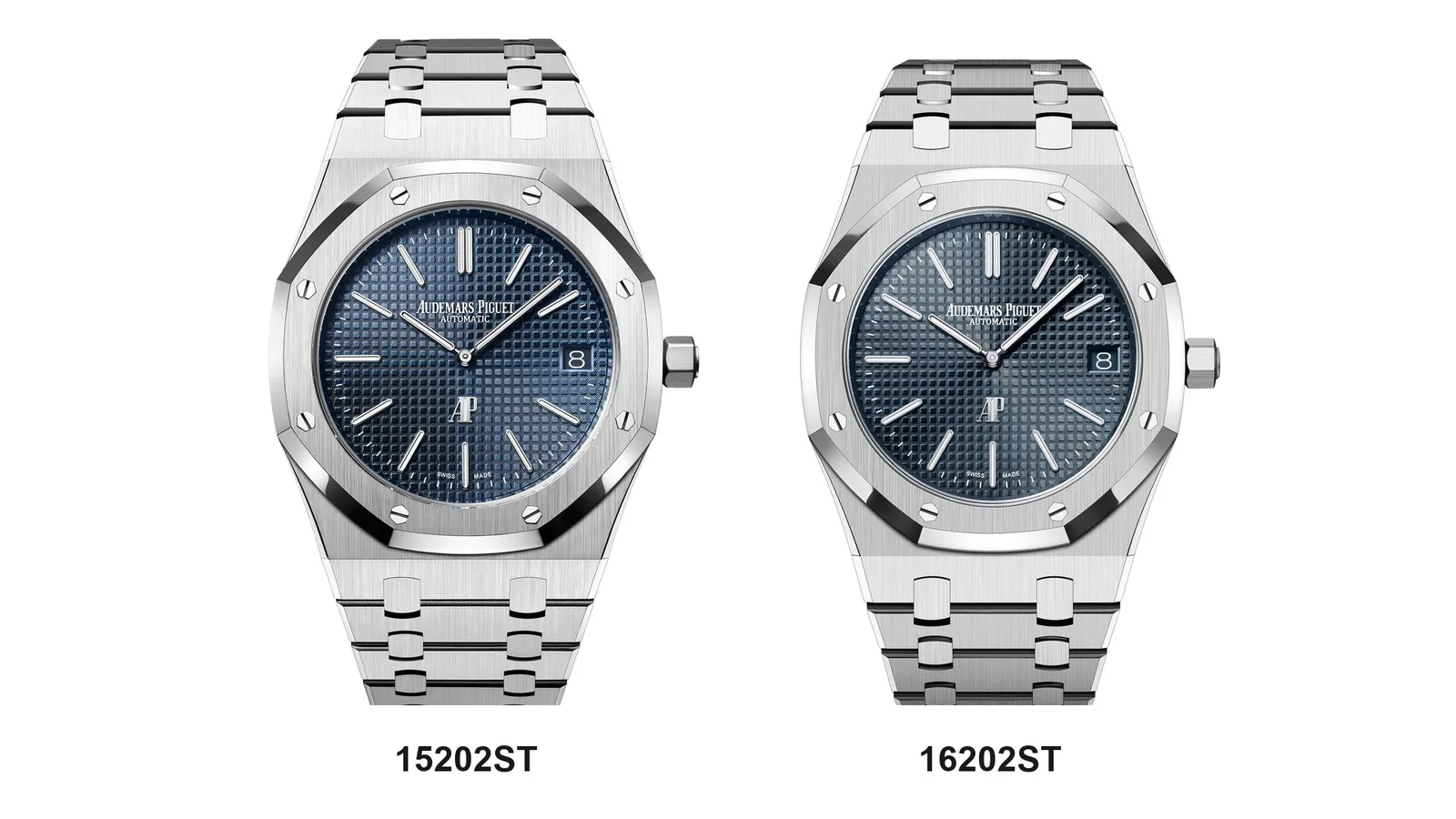 Audemars Piguet Royal Oak Jumbo Extra-Thin 15202ST.OO.1240ST.01.A and 16202ST.OO.1240ST.02 side by side, both in steel with a blue Petite Tapisserie dial on the steel bracelet