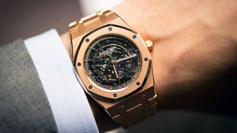 Audemars Piguet Royal Oak Openworked Extra-Thin in rose gold, worn on the wrist