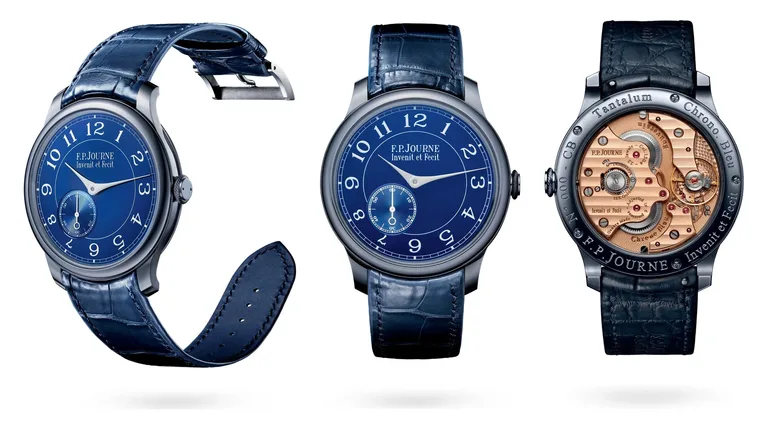 F.P. Journe Chronomètre Bleu, Ref. CB, in tantalum with a chrome blue dial on a blue leather strap, in three-quarter, front and case-back views