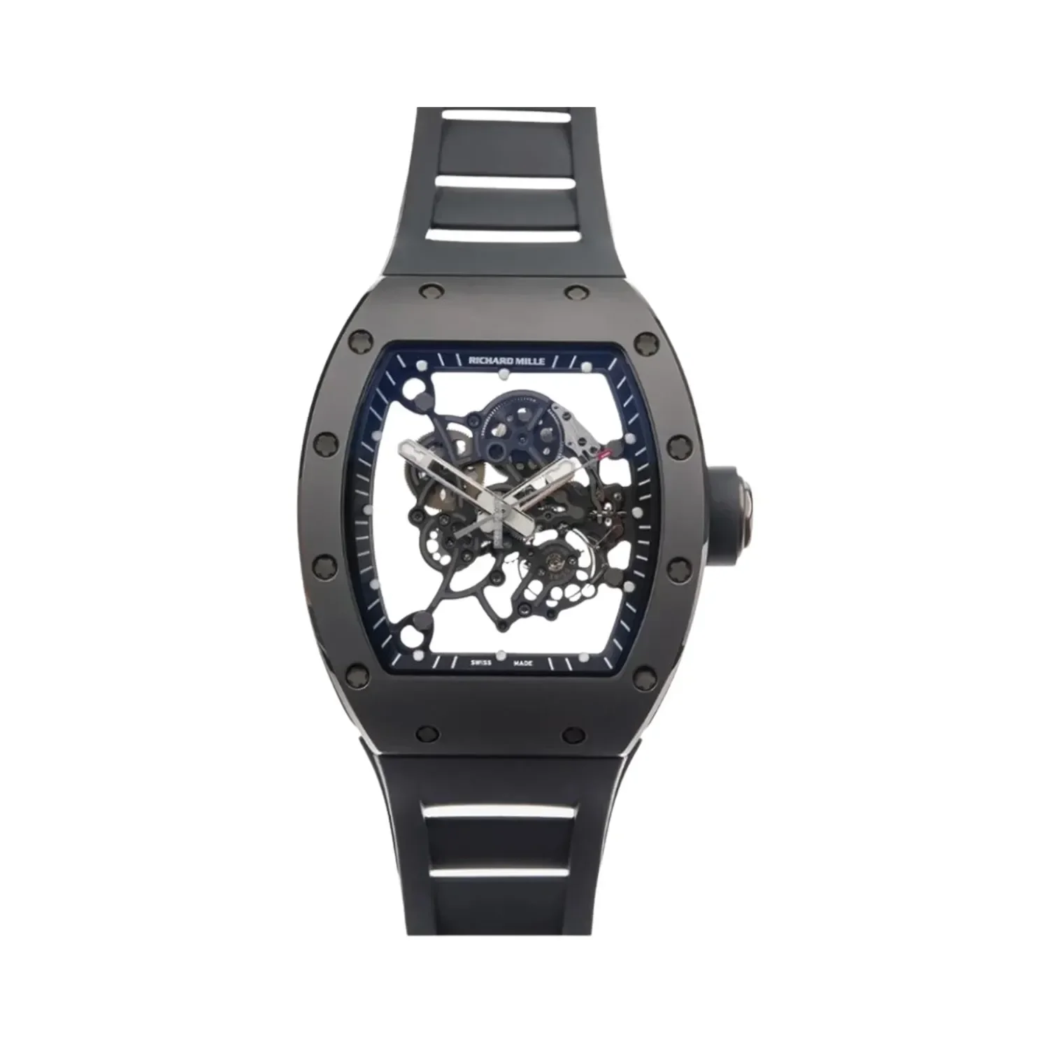 Richard Mille RM 055 in a black case with a blue flange ring, on a black strap