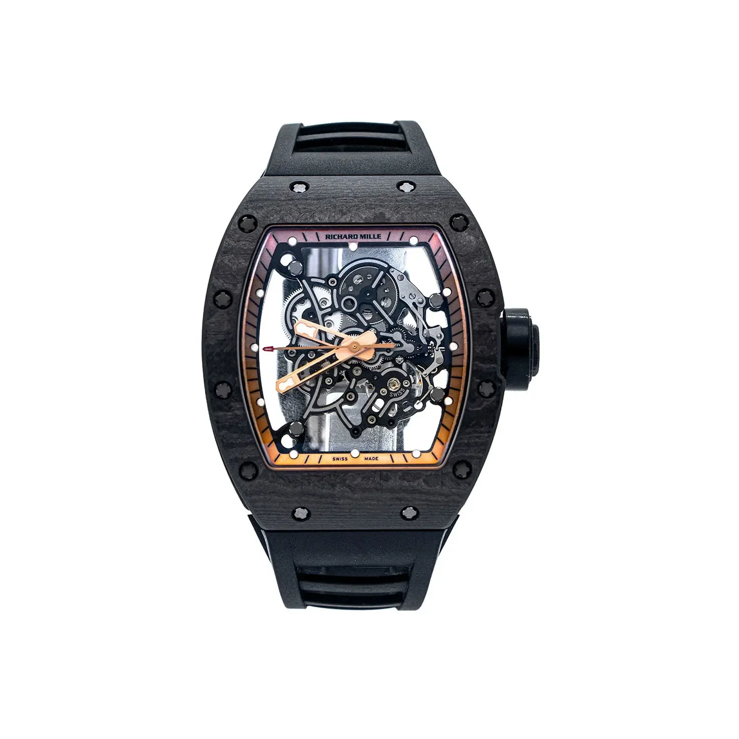 Richard Mille RM 055 CA Asia Edition — black NTPT carbon case with a red gold flange and red gold hands