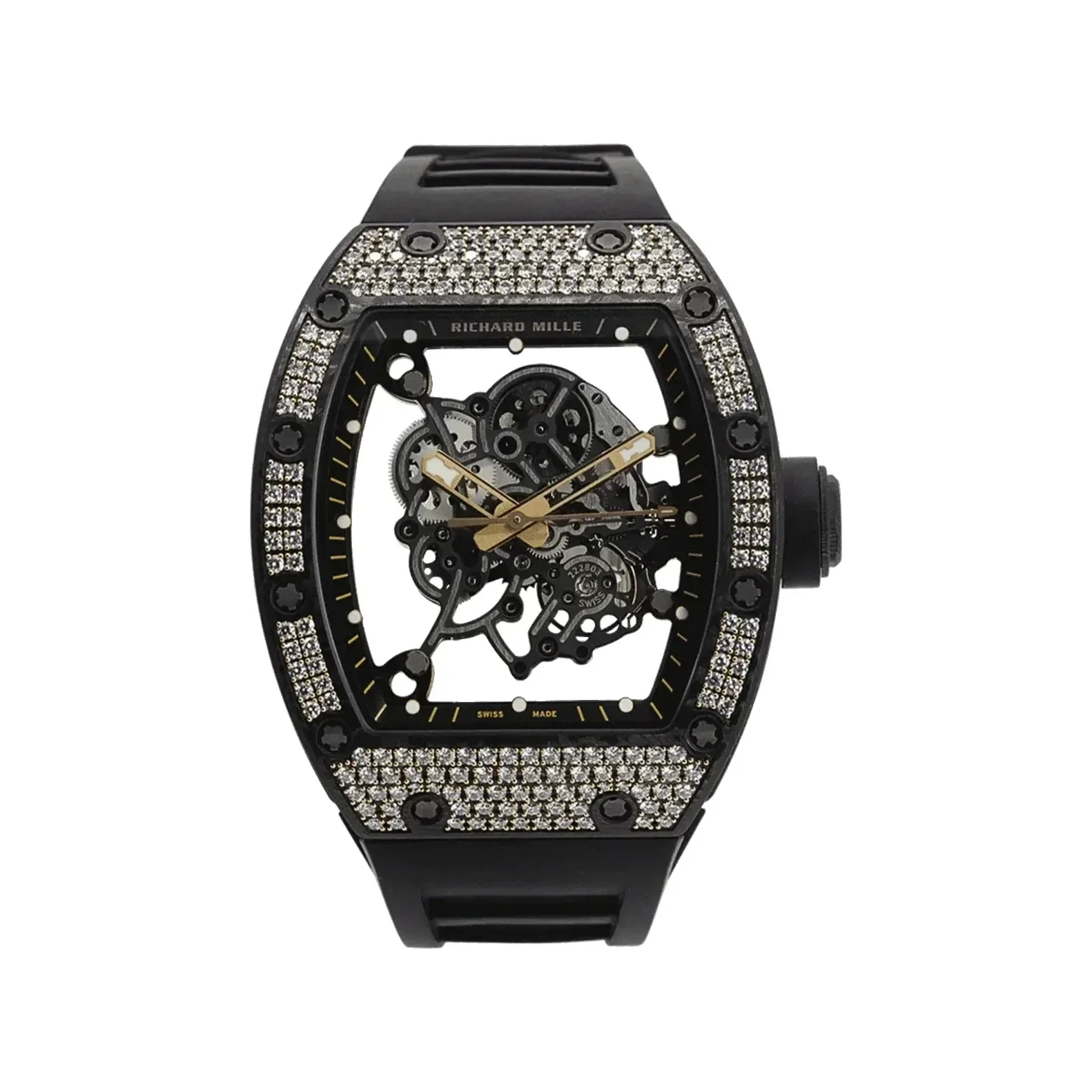 Richard Mille RM 055 with a stone-set bezel and gold hands, on a black strap