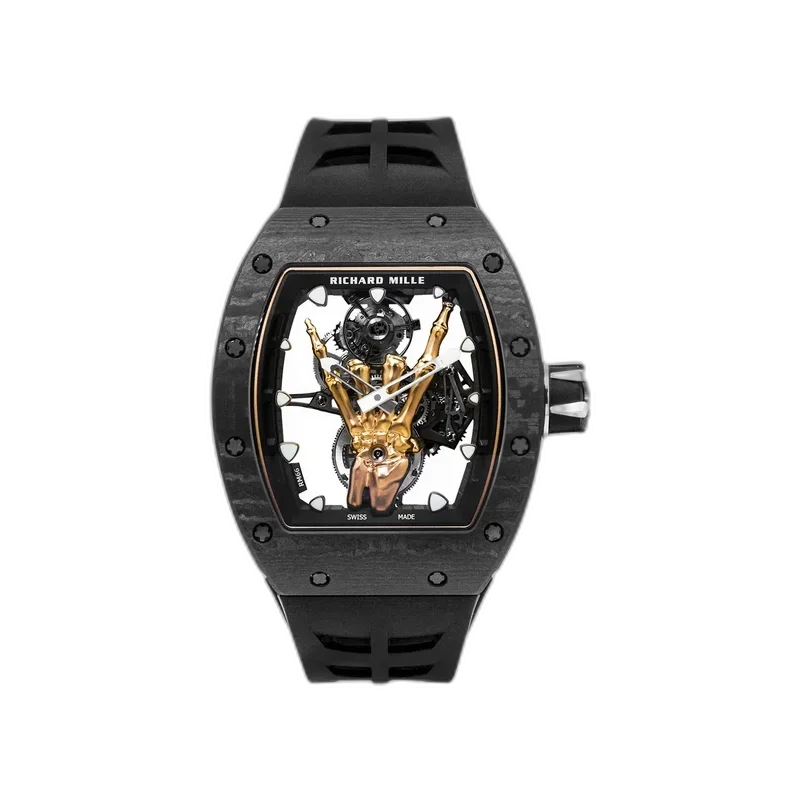 Richard Mille RM 66 Flying Tourbillon in a Carbon TPT case, a 5N red gold skeleton hand holding the movement beneath the flying tourbillon, on a black strap