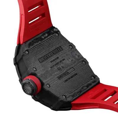 Richard Mille RM 27-02 in carbon on a red strap, case back, three-quarter view