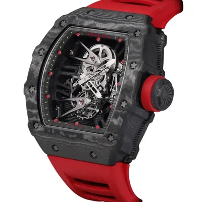 Richard Mille RM 27-02 in carbon on a red strap, three-quarter view