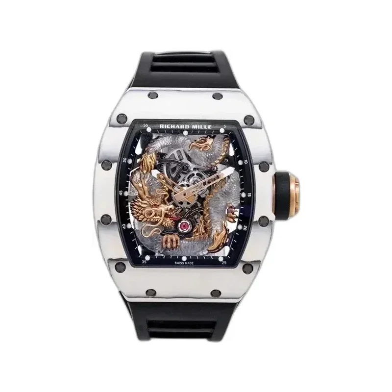 Richard Mille RM 57-03 Tourbillon Sapphire Dragon in a white case with a black flange and a red gold crown, on a black strap