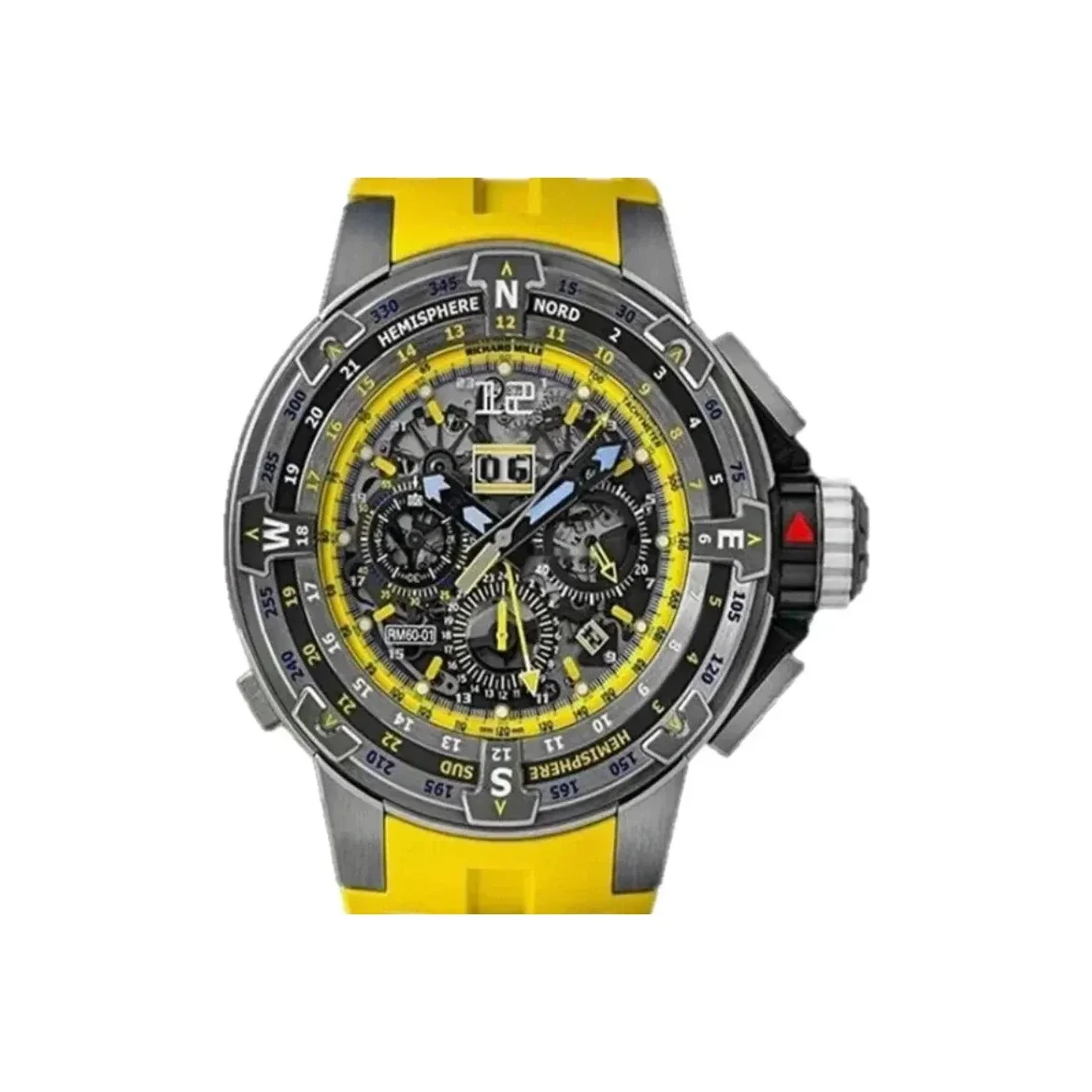 Richard Mille RM 60-01 Regatta in titanium with a yellow flange and sky-blue hands, on a yellow strap