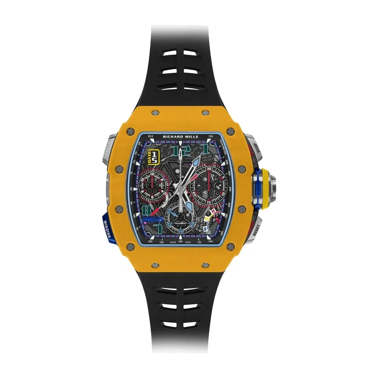 Richard Mille RM 65-01 split-seconds chronograph with a dark yellow Quartz TPT bezel, on a black strap
