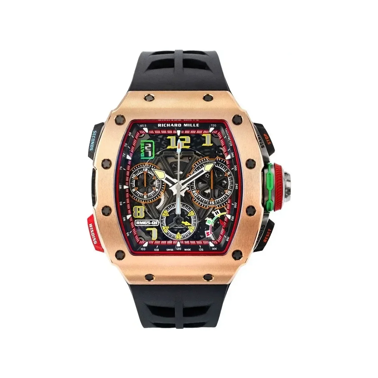 Richard Mille RM 65-01 CA RG Split-Seconds Chronograph with a red gold bezel and caseback over a Carbon TPT caseband and a red flange, on a black strap