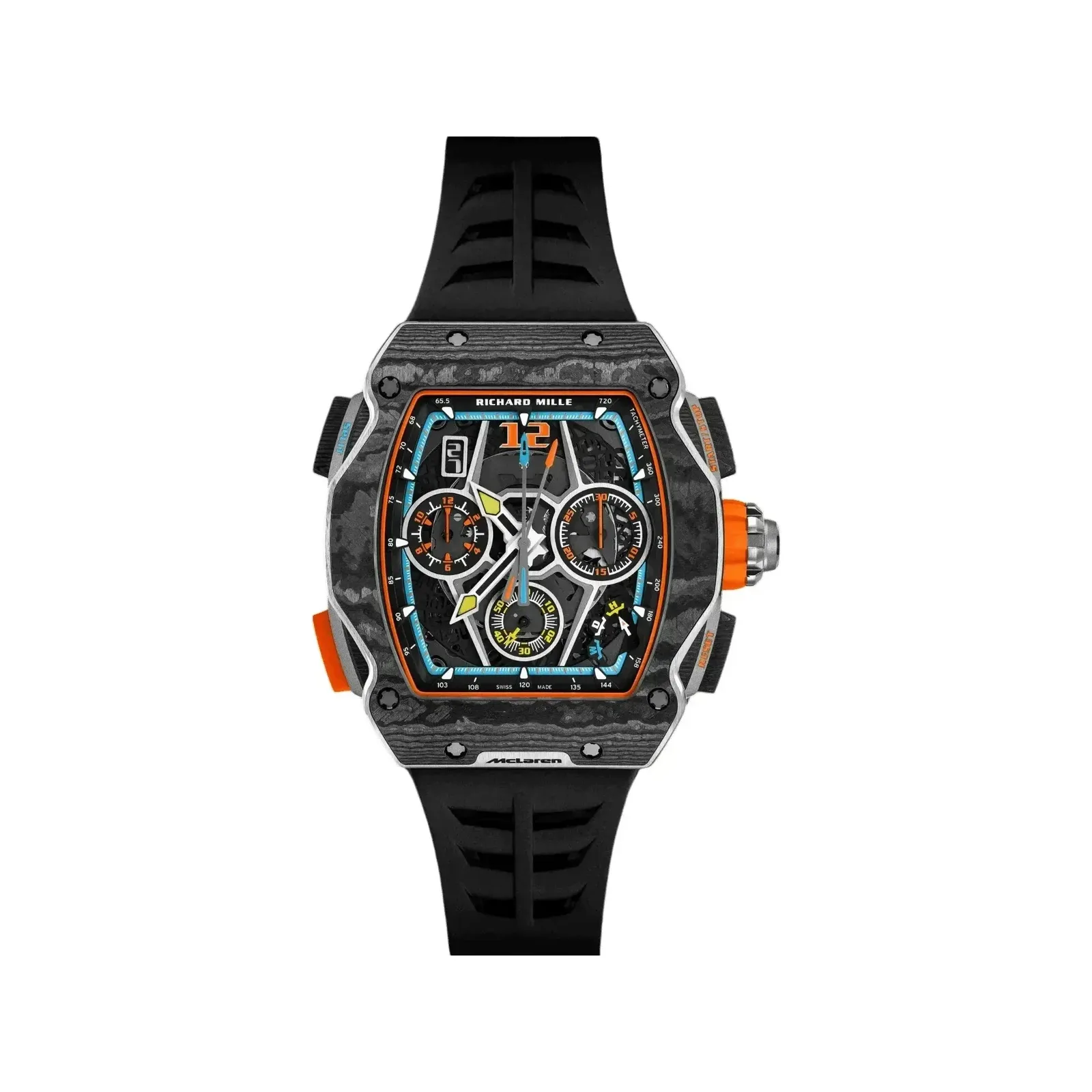 Richard Mille RM 65-01 Split-Seconds Chronograph McLaren W1, front on the papaya orange rubber strap