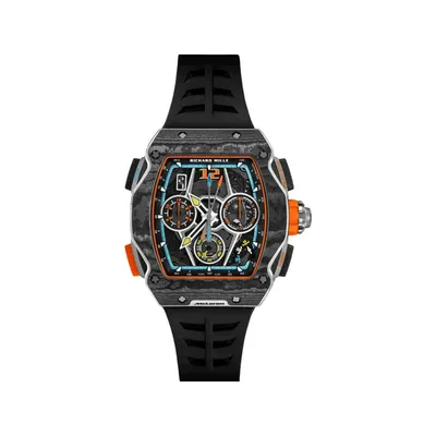 Richard Mille RM 65-01 Split-Seconds Chronograph McLaren W1, front on the papaya orange rubber strap