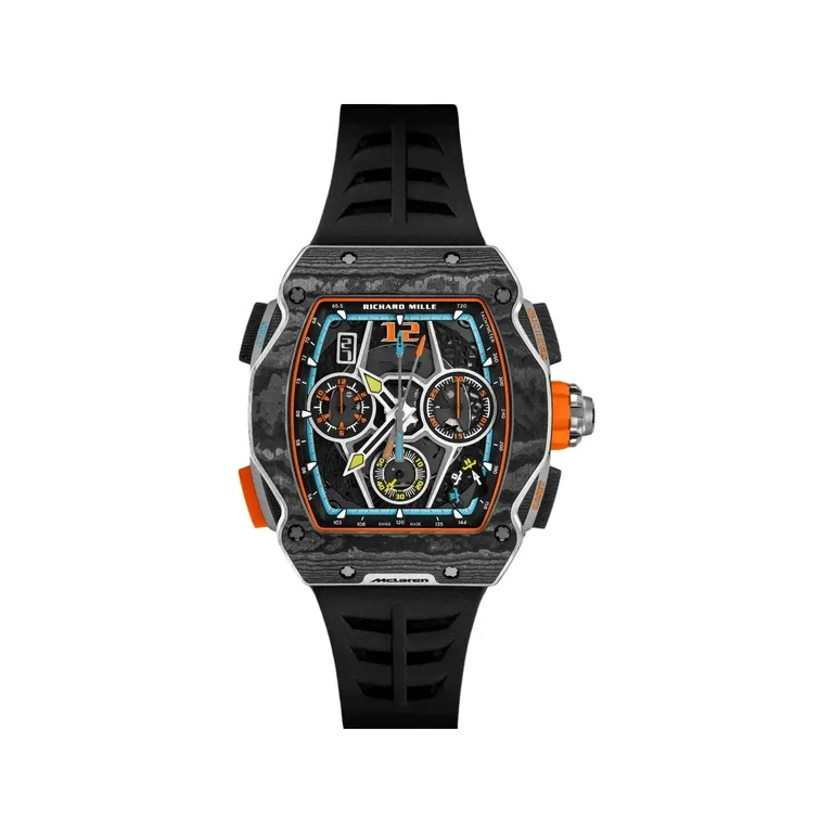 Richard Mille RM 65-01 Split-Seconds Chronograph McLaren W1, front on the papaya orange rubber strap