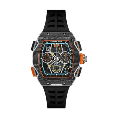 Richard Mille RM 65-01 Split-Seconds Chronograph McLaren W1, front on the papaya orange rubber strap