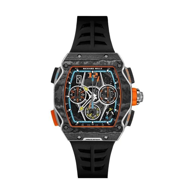 Richard Mille RM 65-01 Split-Seconds Chronograph McLaren W1, front on the papaya orange rubber strap