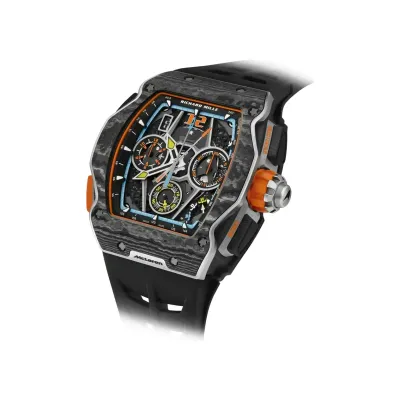 Richard Mille RM 65-01 Split-Seconds Chronograph McLaren W1, three-quarter view on the black rubber strap