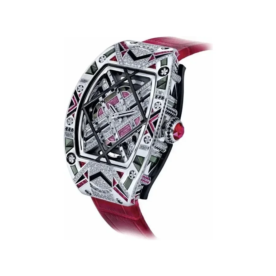 Richard Mille RM HJ-01 in a diamond-set white gold case with red, green and black stones in an Art Deco pattern, a ruby crown, on a red leather strap