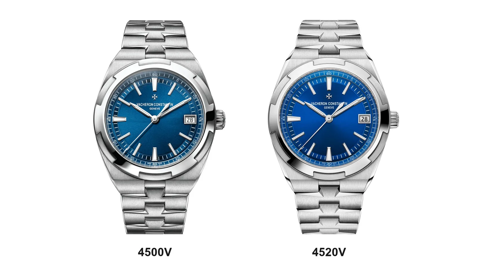 Vacheron Constantin Overseas 4500V/110A-B128 and 4520V/210A-B128 side by side, both in steel with a blue dial on the steel bracelet