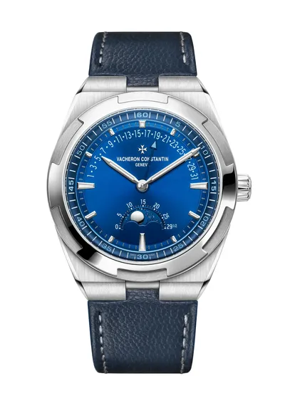 Vacheron Constantin Overseas Moon Phase Retrograde Date, on the dark blue calfskin strap