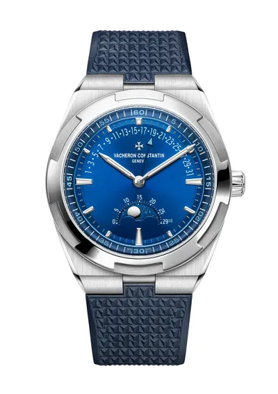 Vacheron Constantin Overseas Moon Phase Retrograde Date, on the dark blue rubber strap