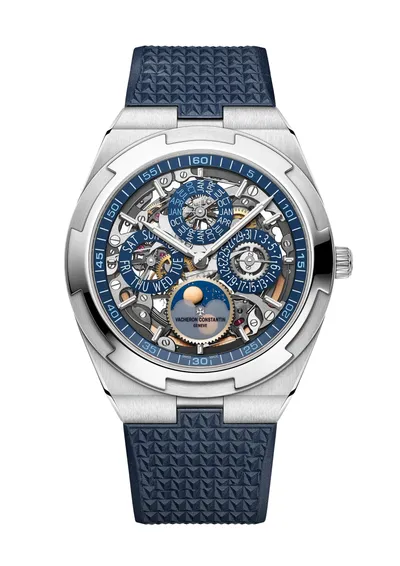 Vacheron Constantin Overseas Perpetual Calendar Ultra-Thin Skeleton, on the dark blue rubber strap