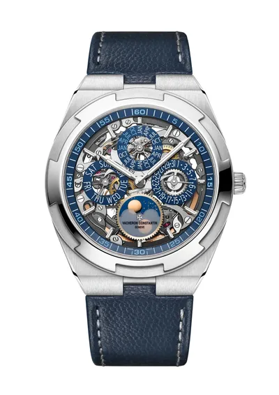 Vacheron Constantin Overseas Perpetual Calendar Ultra-Thin Skeleton, on the dark blue calfskin strap