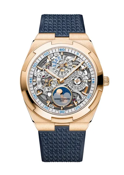 Vacheron Constantin Overseas Perpetual Calendar Ultra-Thin Skeleton, on the dark blue rubber strap