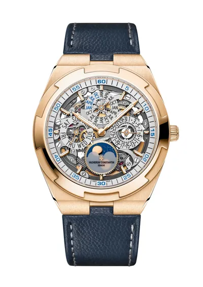 Vacheron Constantin Overseas Perpetual Calendar Ultra-Thin Skeleton, on the dark blue calfskin strap