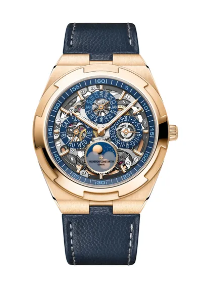 Vacheron Constantin Overseas Perpetual Calendar Ultra-Thin Skeleton, on the dark blue calfskin strap