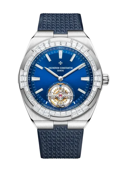 Vacheron Constantin Overseas Tourbillon High Jewellery, on the dark blue rubber strap