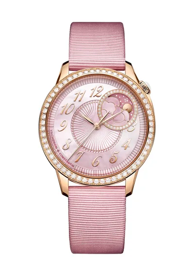 Vacheron Constantin Égérie Moon Phase, on the pink fabric strap