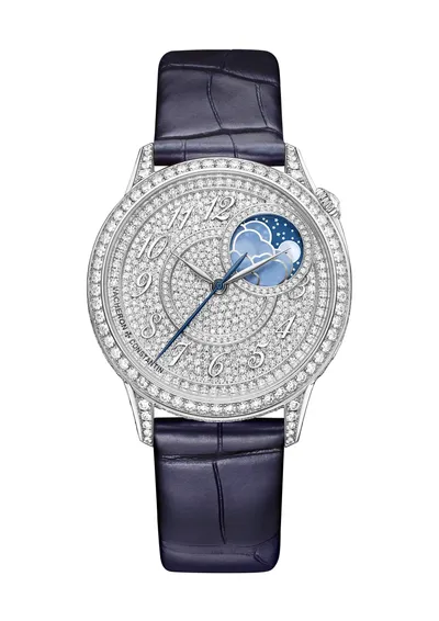 Vacheron Constantin Égérie Moon Phase, on the dark blue alligator strap