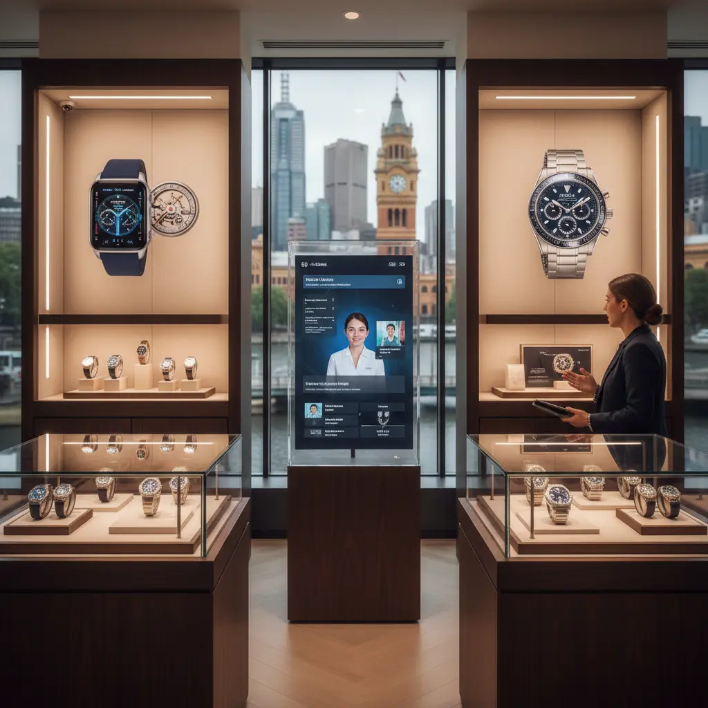 Elegant depiction of modern and vintage luxury watches with Melbourne's cultural essence