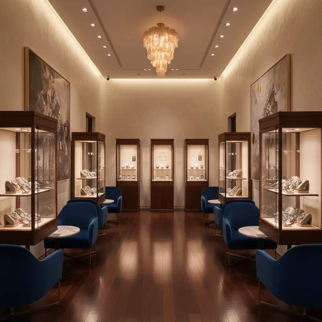 Luxurious boutique interior of a leading watch dealer in Melbourne, featuring high-end pre-owned watches in illuminated glass cases with elegant decor and a sophisticated atmosphere