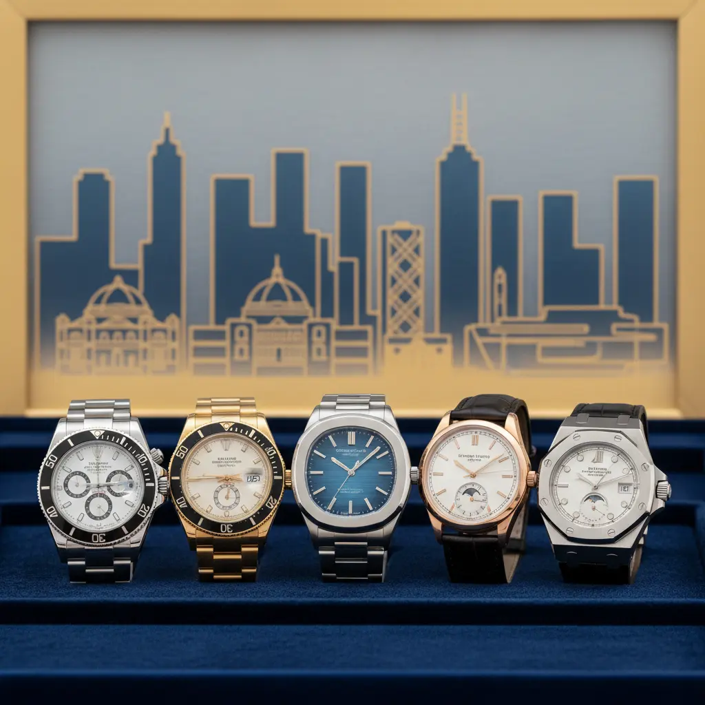 Display of luxury watches from renowned brands on a velvet stand with Melbourne's skyline in the background
